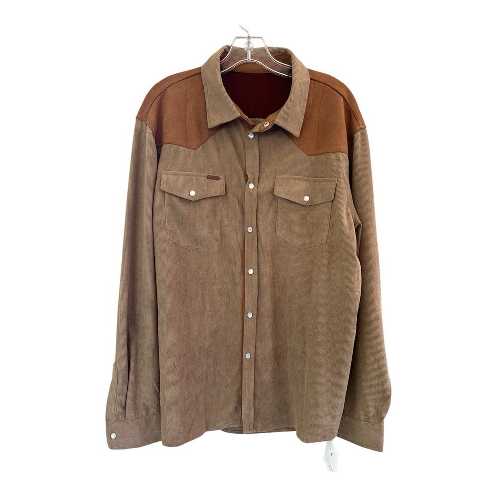 NWT Yousify Men's XL Lightweight Brown Corduroy Western Pearl Snap Shacket Boho